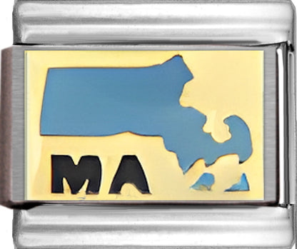 Light Blue Massachusetts Outline with MA on Gold