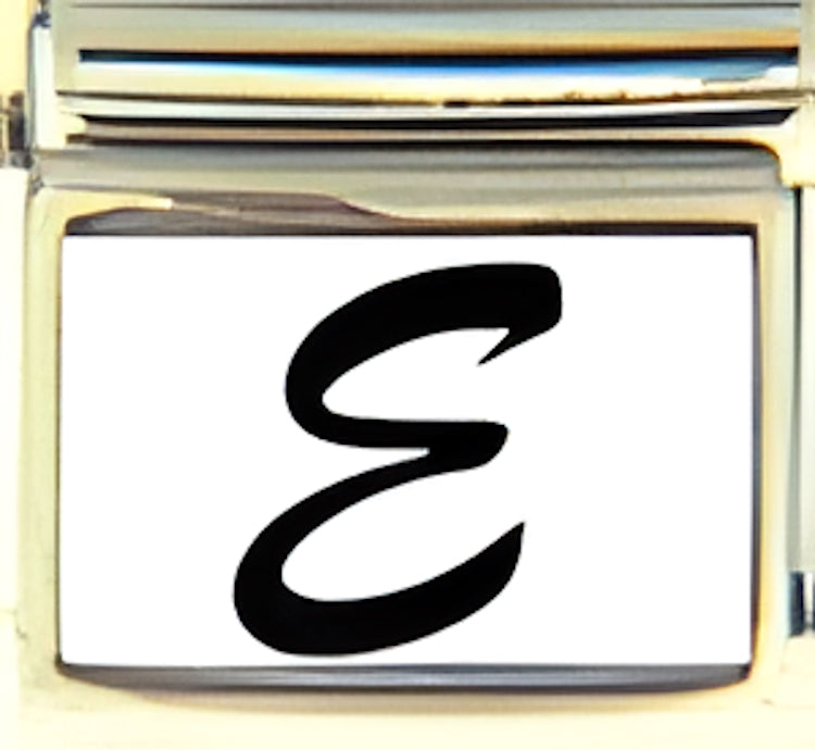 Black Script Letter E with White Background Photo Charm