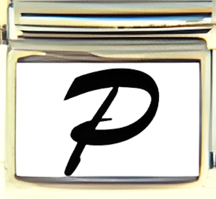 Black Script Letter P with White Background Photo Charm